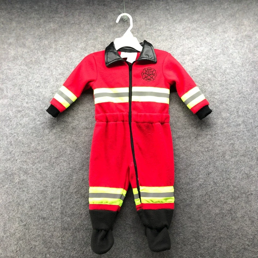 Baby Boys 6-9M Firefighter Costume Jumpsuit Red Fleece Halloween Footed